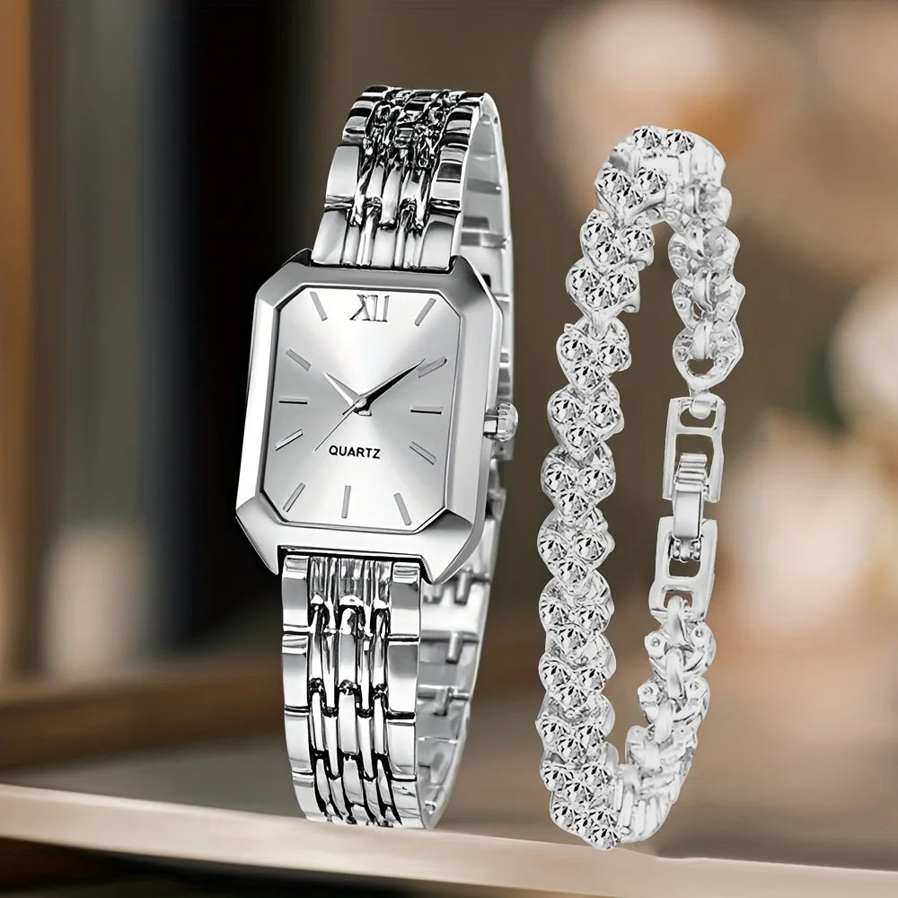 Rhinestone Watch & Bracelet Set – Women's Luxury Gift Duo
