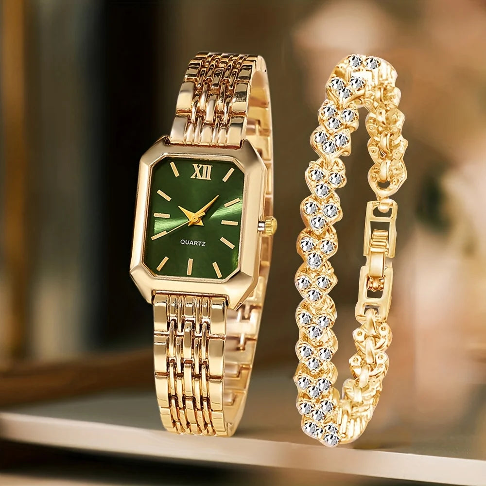 Rhinestone Watch & Bracelet Set – Women's Luxury Gift Duo