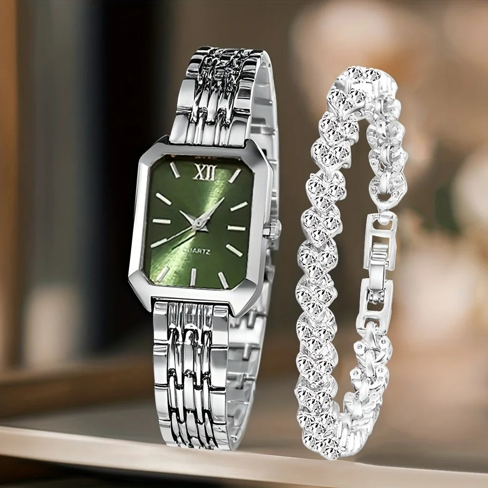 Rhinestone Watch & Bracelet Set – Women's Luxury Gift Duo