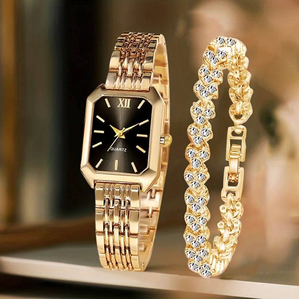 Rhinestone Watch & Bracelet Set – Women's Luxury Gift Duo