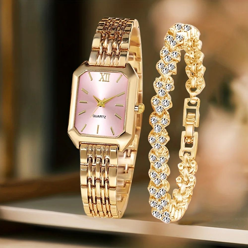 Rhinestone Watch & Bracelet Set – Women's Luxury Gift Duo