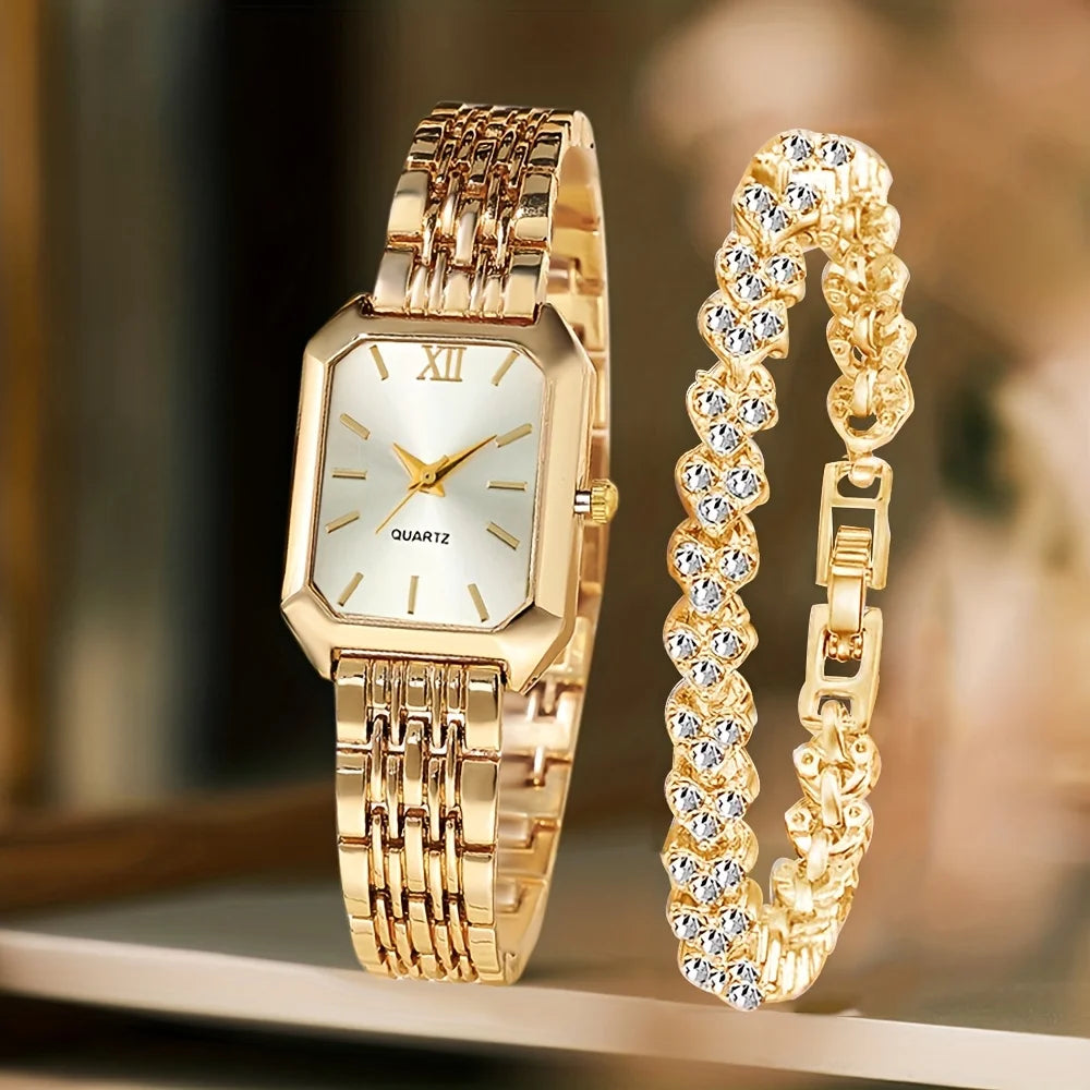 Rhinestone Watch & Bracelet Set – Women's Luxury Gift Duo