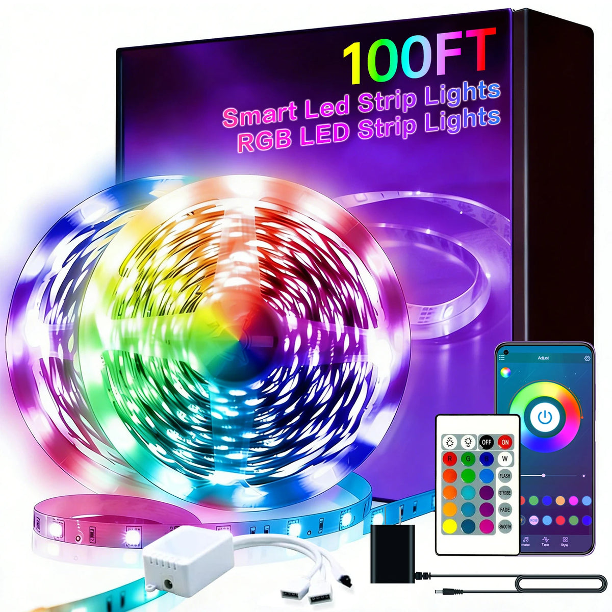100FT RGB LED Strip Lights – Music Sync, App & Remote Control