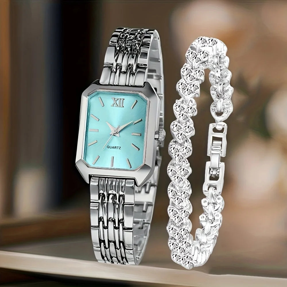 Rhinestone Watch & Bracelet Set – Women's Luxury Gift Duo