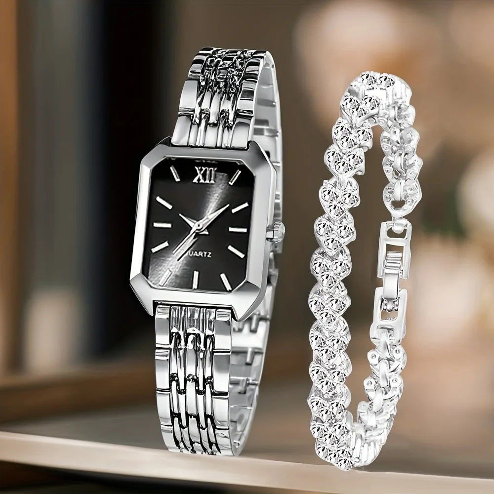 Rhinestone Watch & Bracelet Set – Women's Luxury Gift Duo